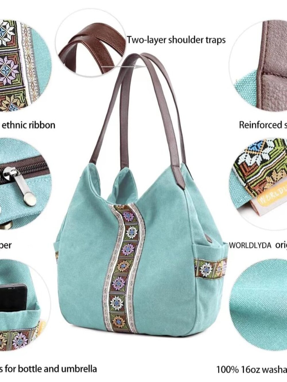 Worldlyda Women Canvas Hobo Purse Multi Pocket Tote Shopper Shoulder Bag Casual - Picture 4 of 7